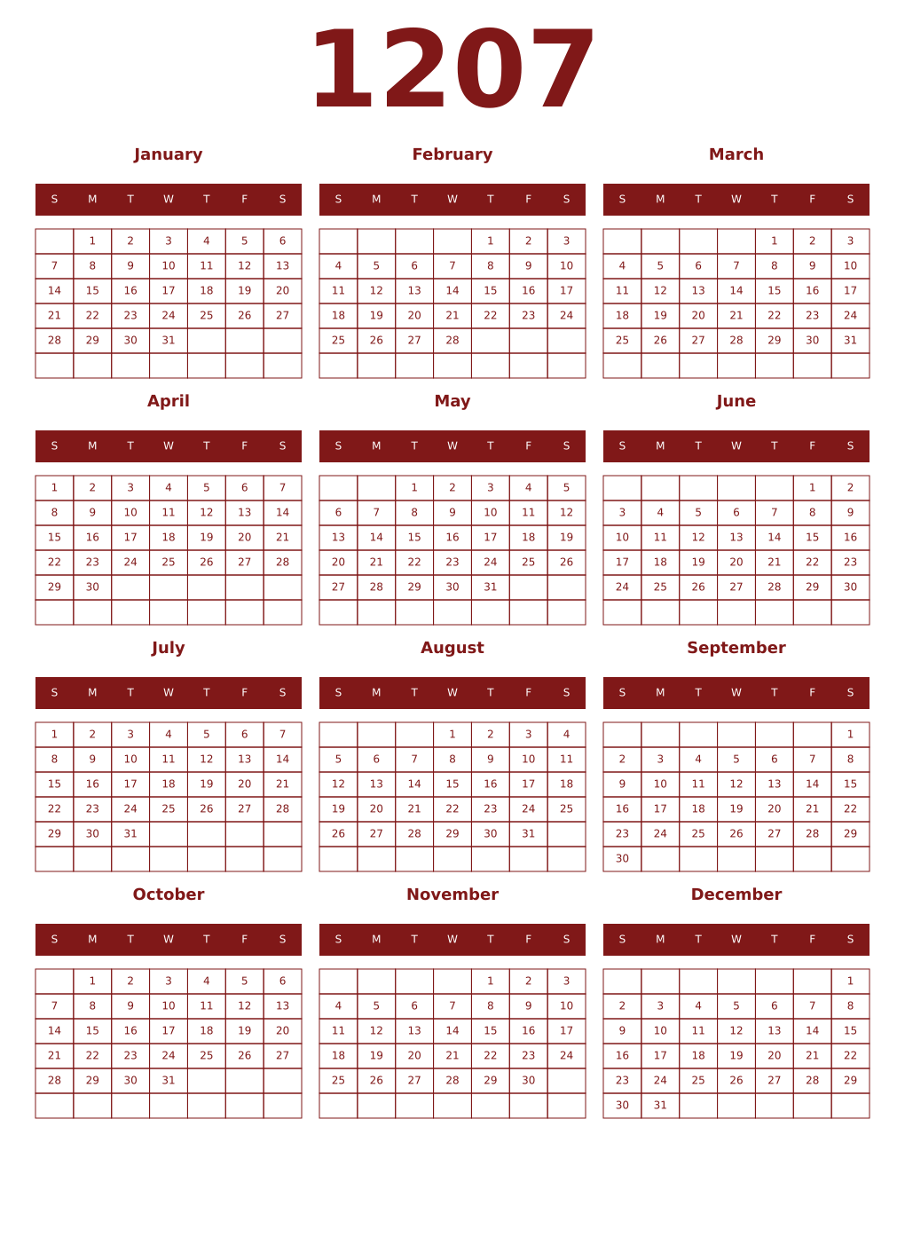 Printable 1207 Year Calendars falu