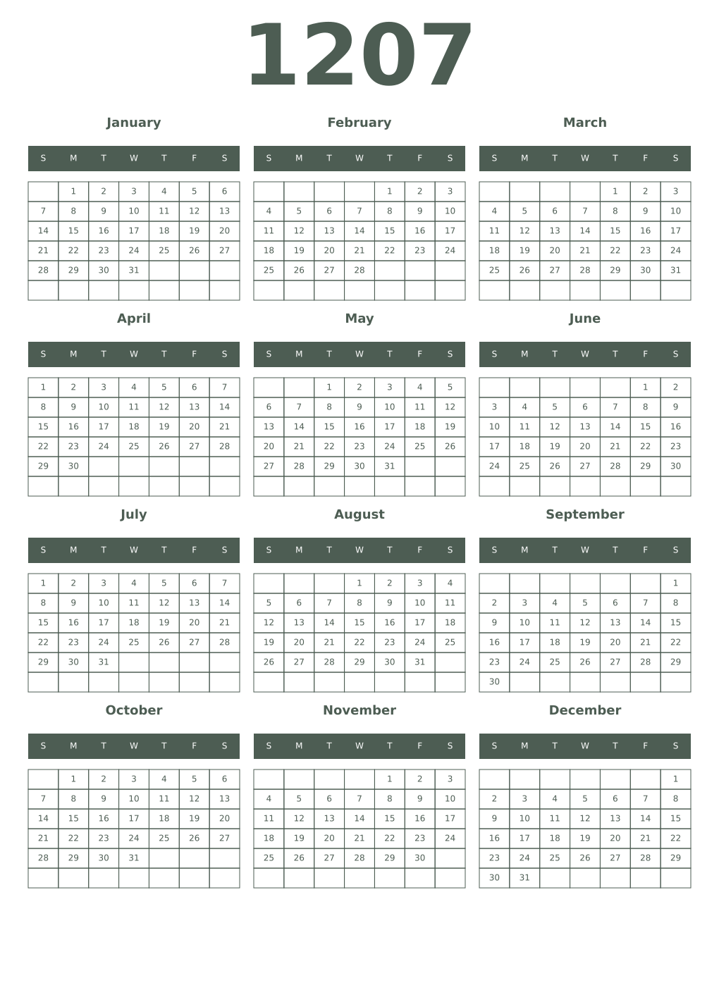 Printable 1207 Year Calendars feldgrau