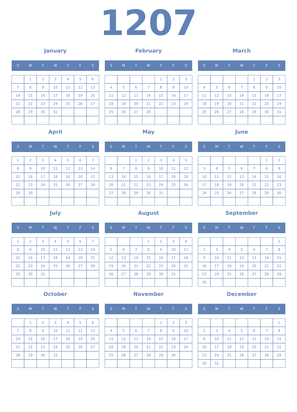 Printable 1207 Year Calendars glaucous