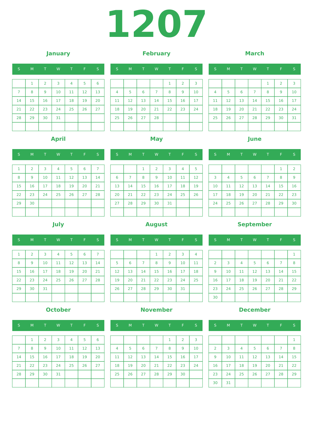 Printable 1207 Year Calendars green