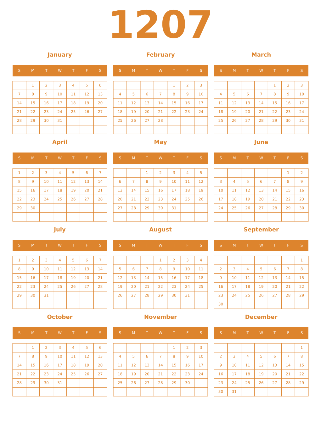Printable 1207 Year Calendars orange
