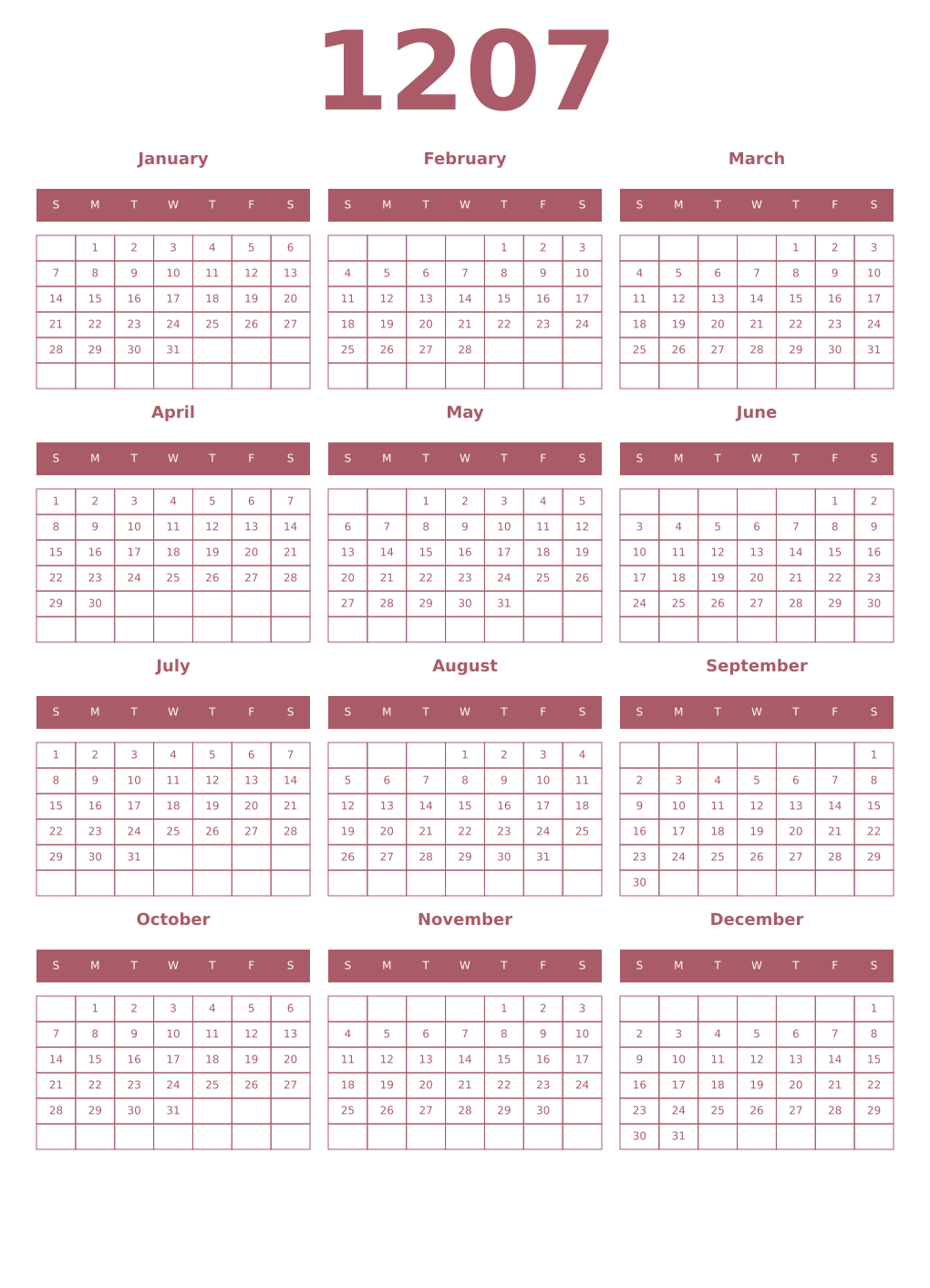 Printable 1207 Year Calendars puce