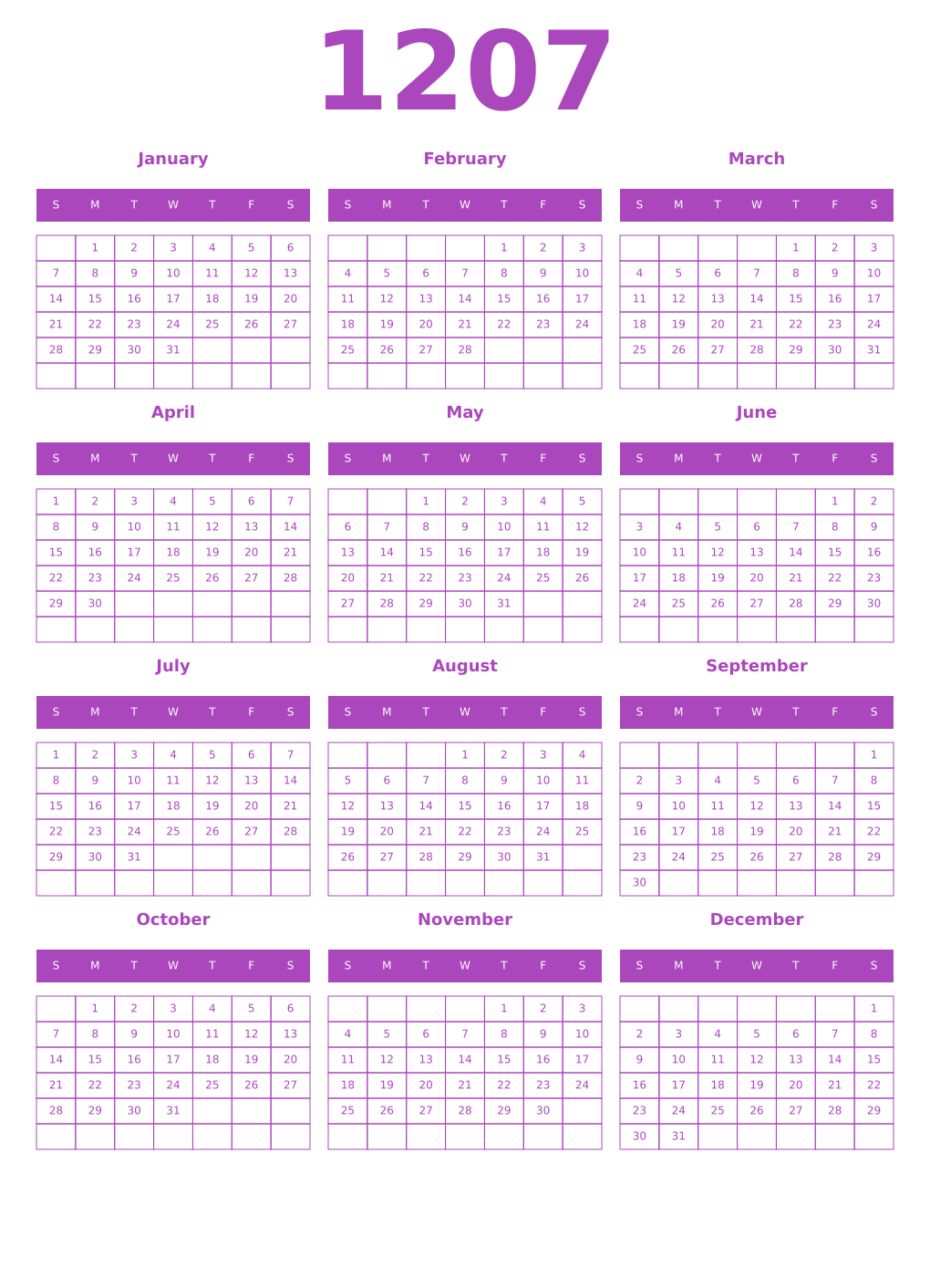 Printable 1207 Year Calendars purple