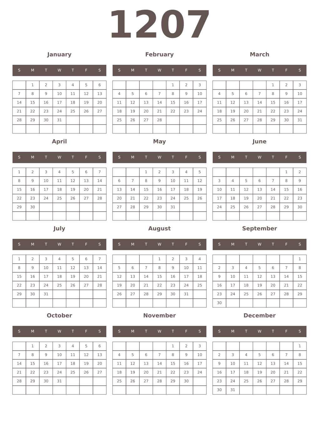 Printable 1207 Year Calendars wenge