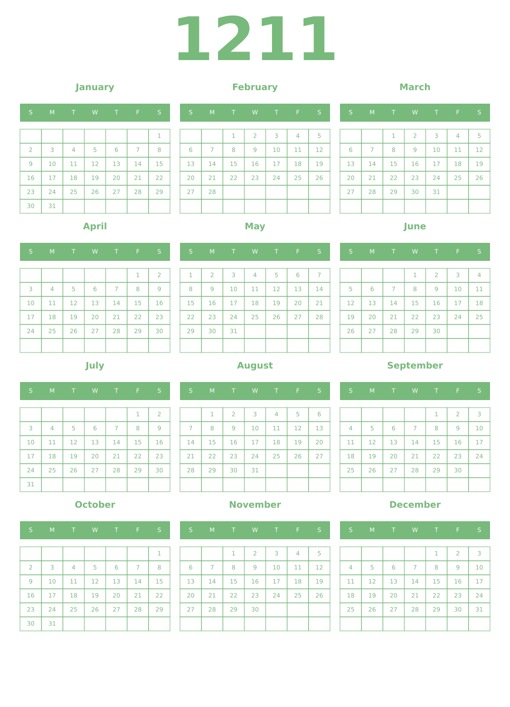Printable 1211 Year Calendars celadon