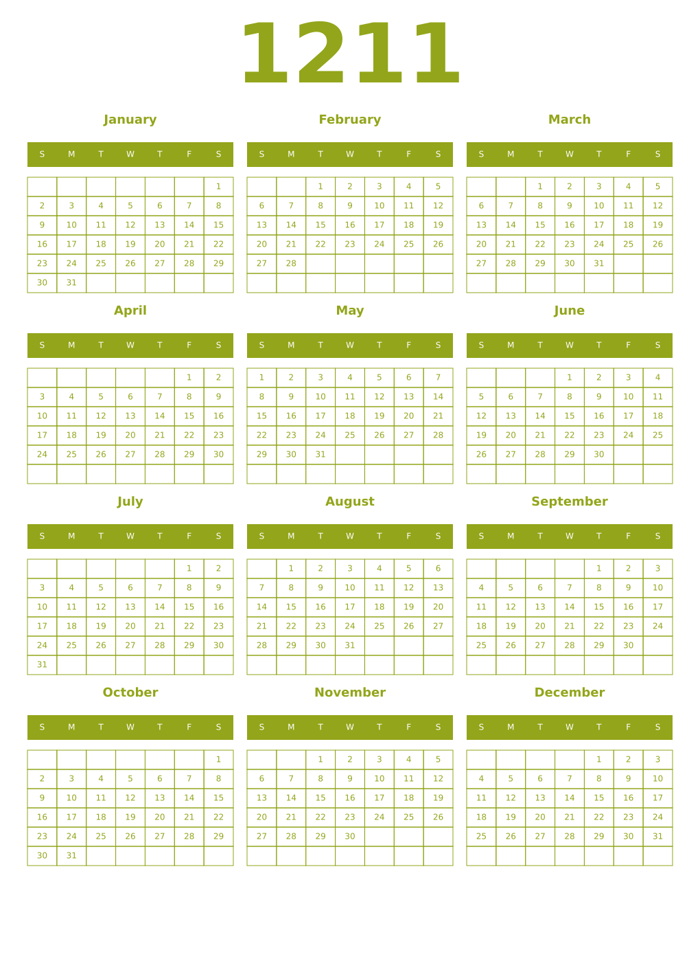 Printable 1211 Year Calendars chartreuse