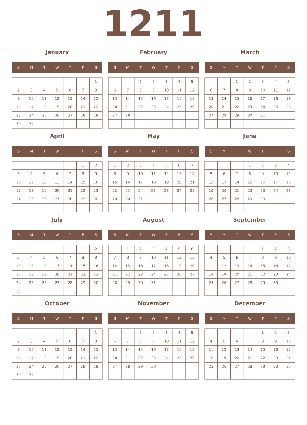 Printable 1211 Year Calendars coffe
