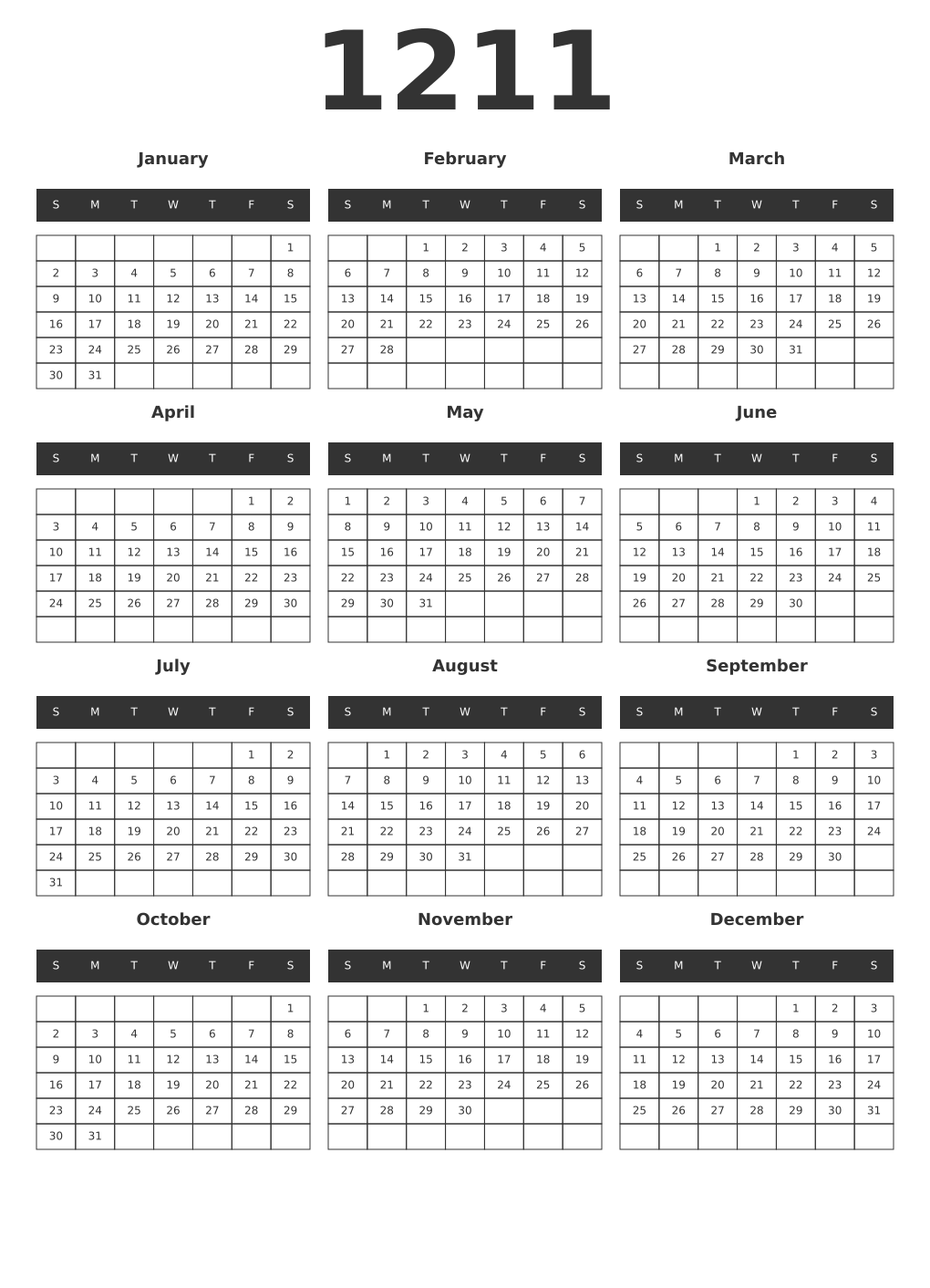 Printable 1211 Year Calendars dark