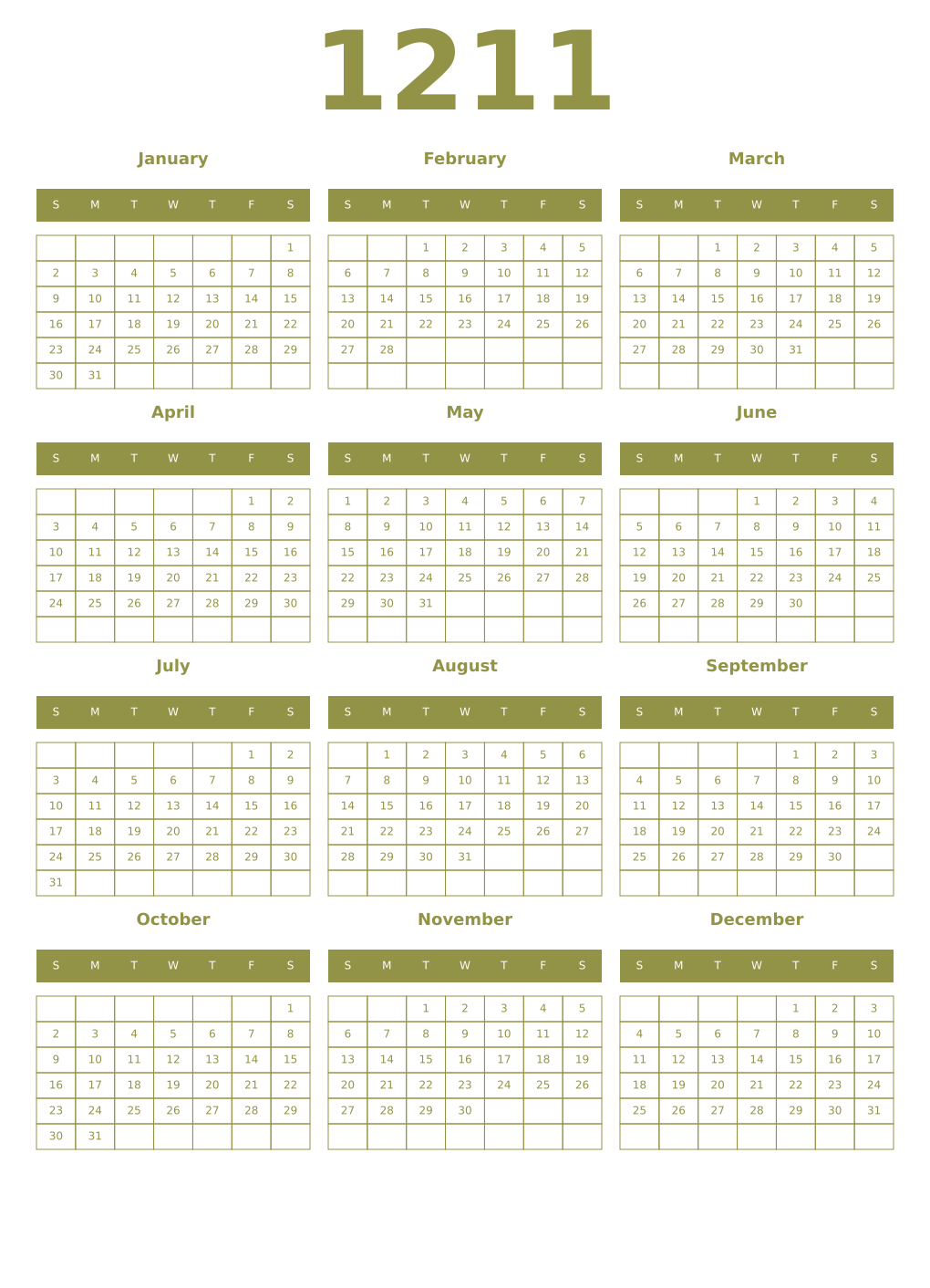 Printable 1211 Year Calendars eburnean