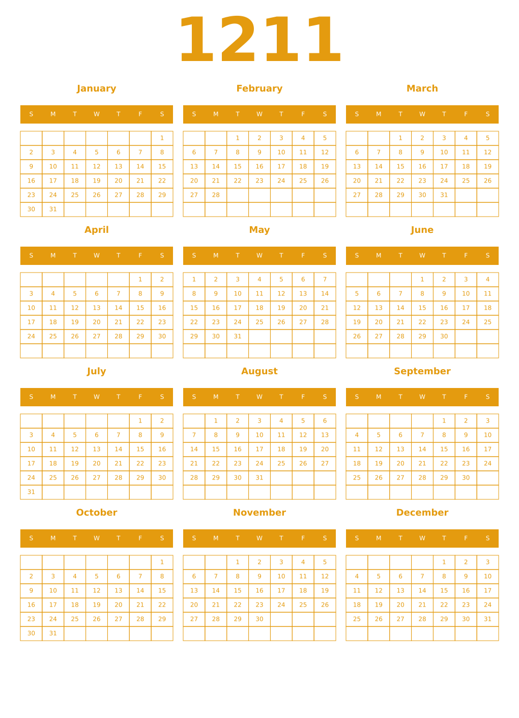 Printable 1211 Year Calendars gamboge