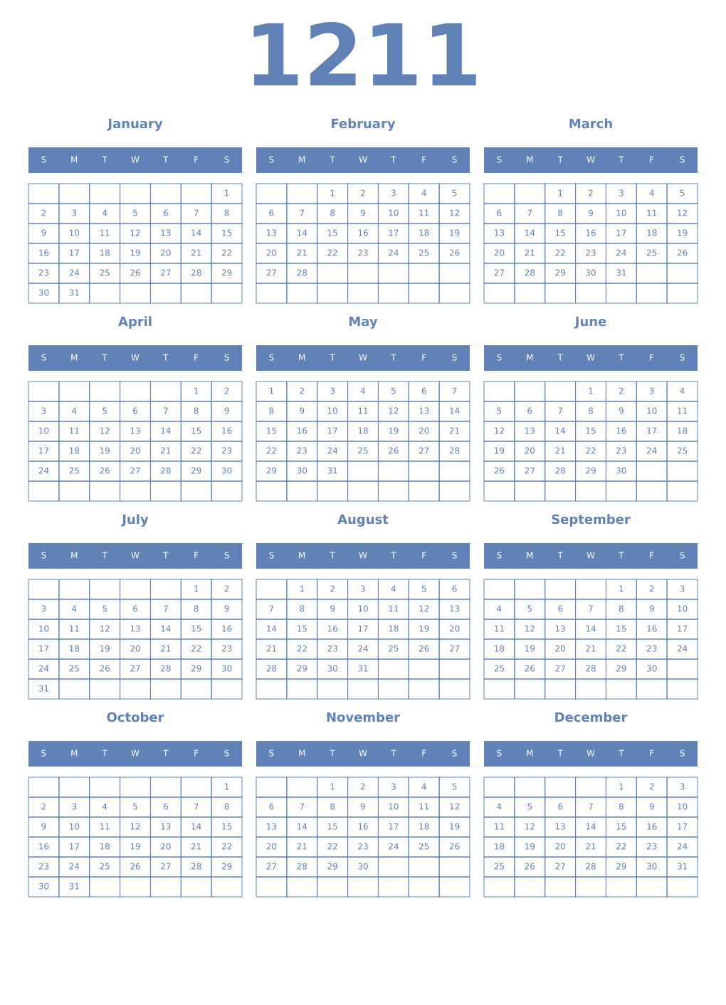 Printable 1211 Year Calendars glaucous