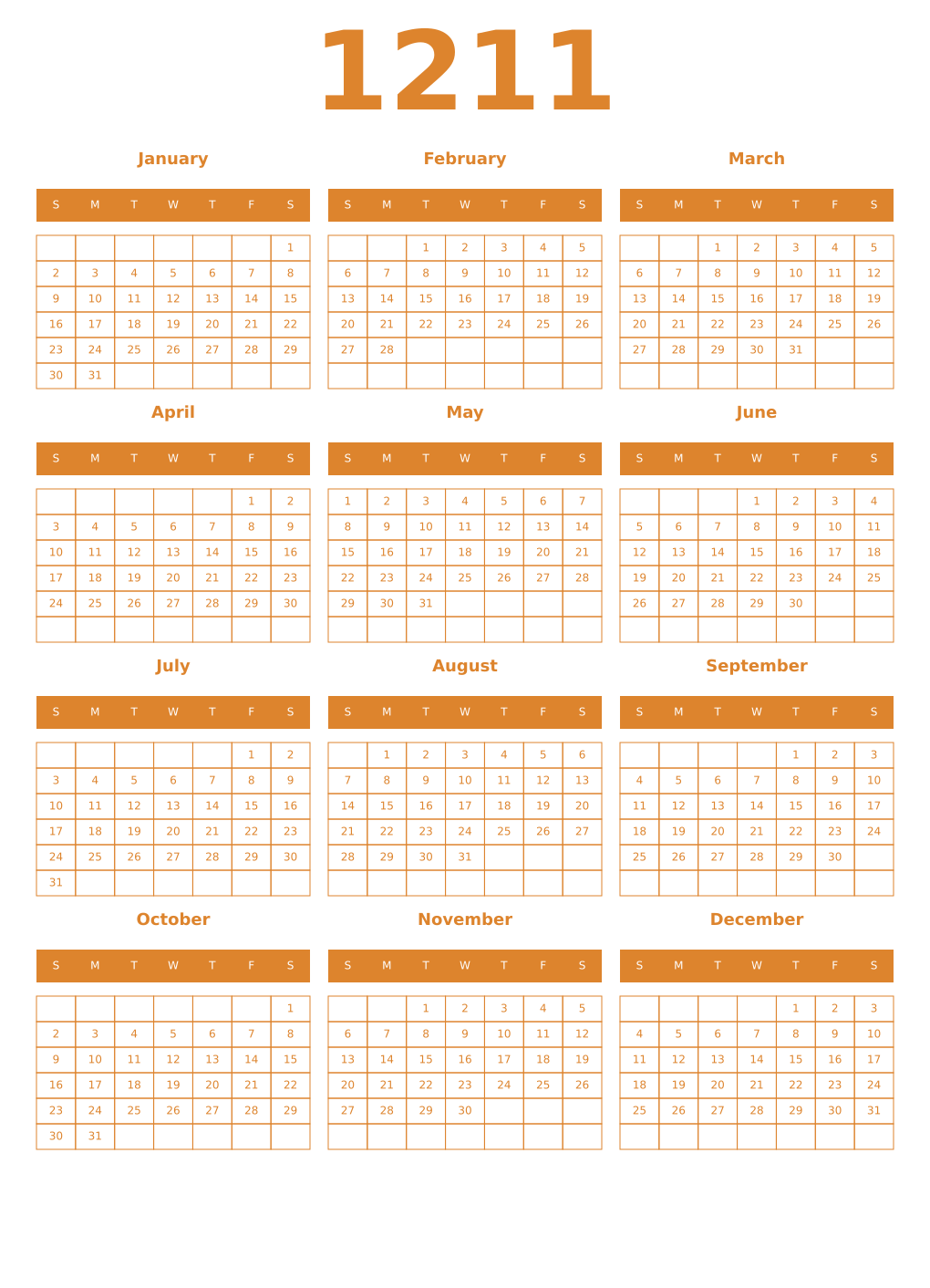 Printable 1211 Year Calendars orange