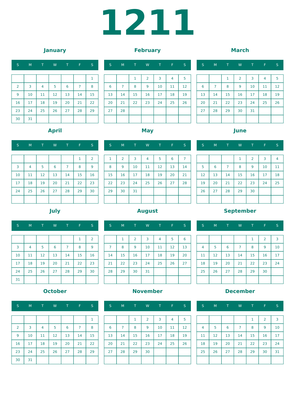 Printable 1211 Year Calendars pastel