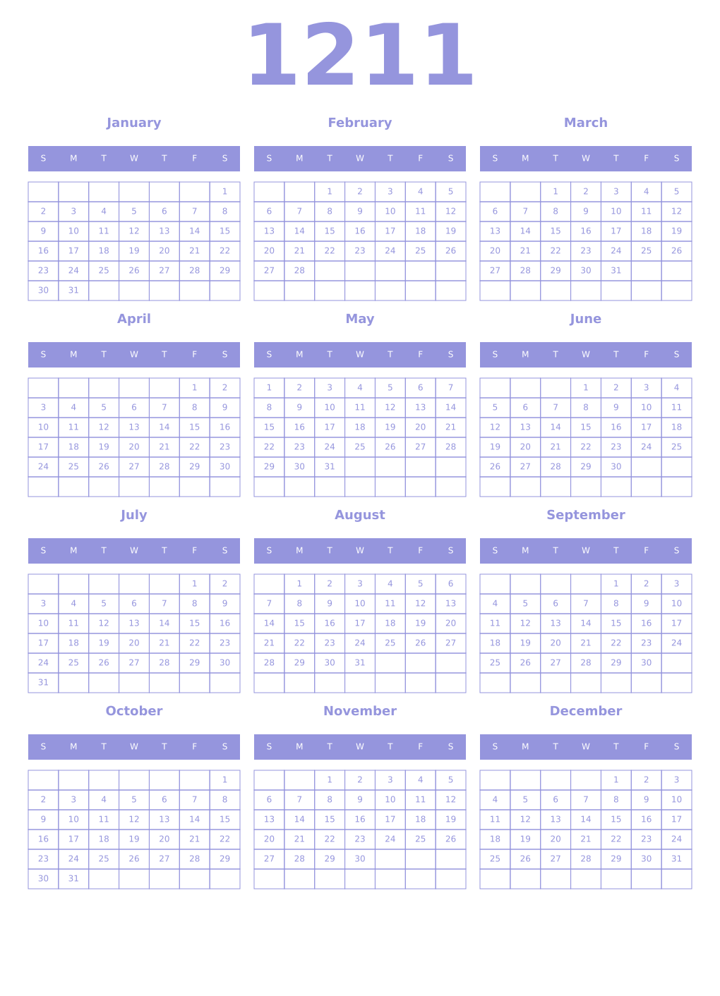 Printable 1211 Year Calendars periwinkle