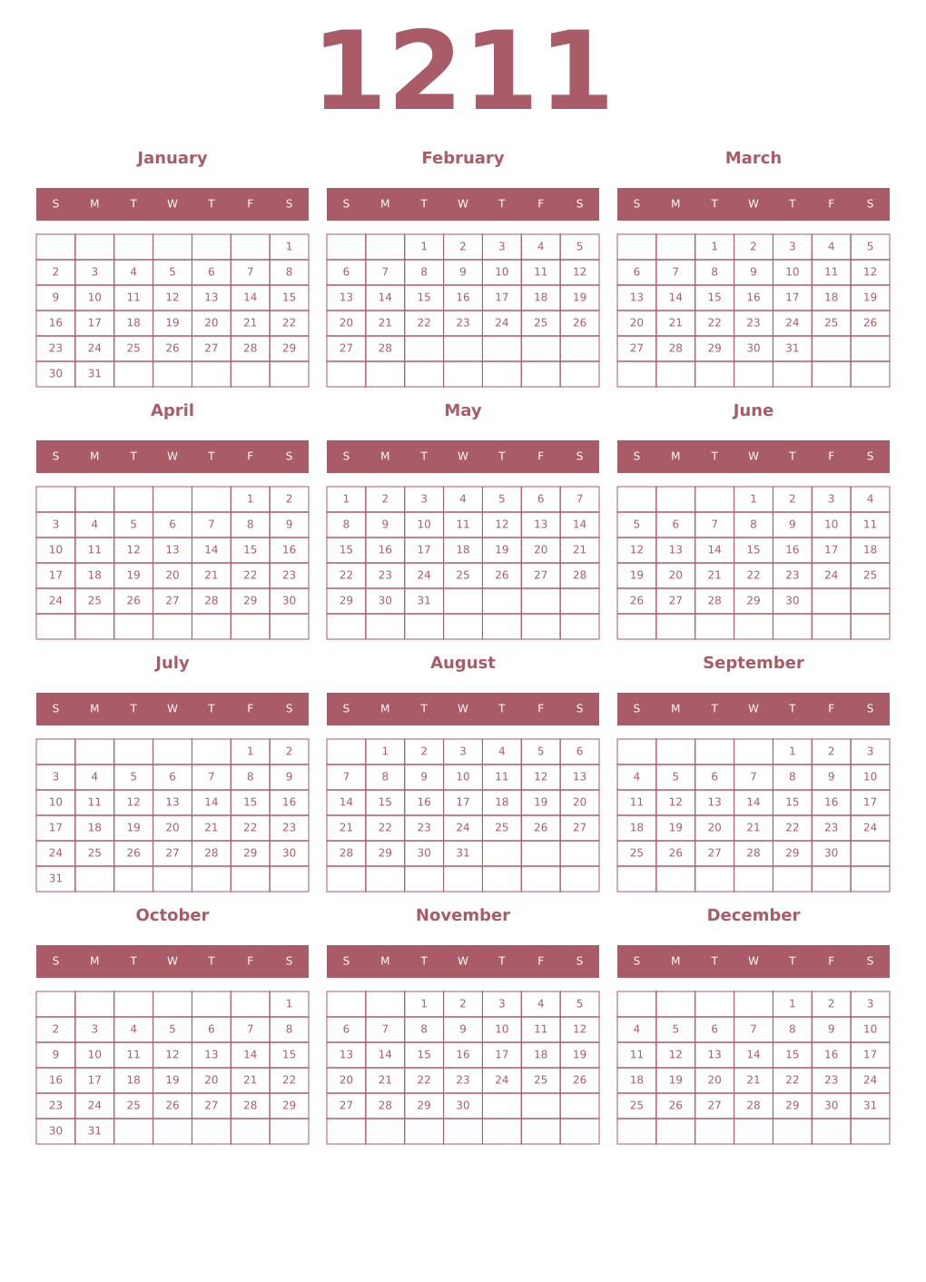 Printable 1211 Year Calendars puce