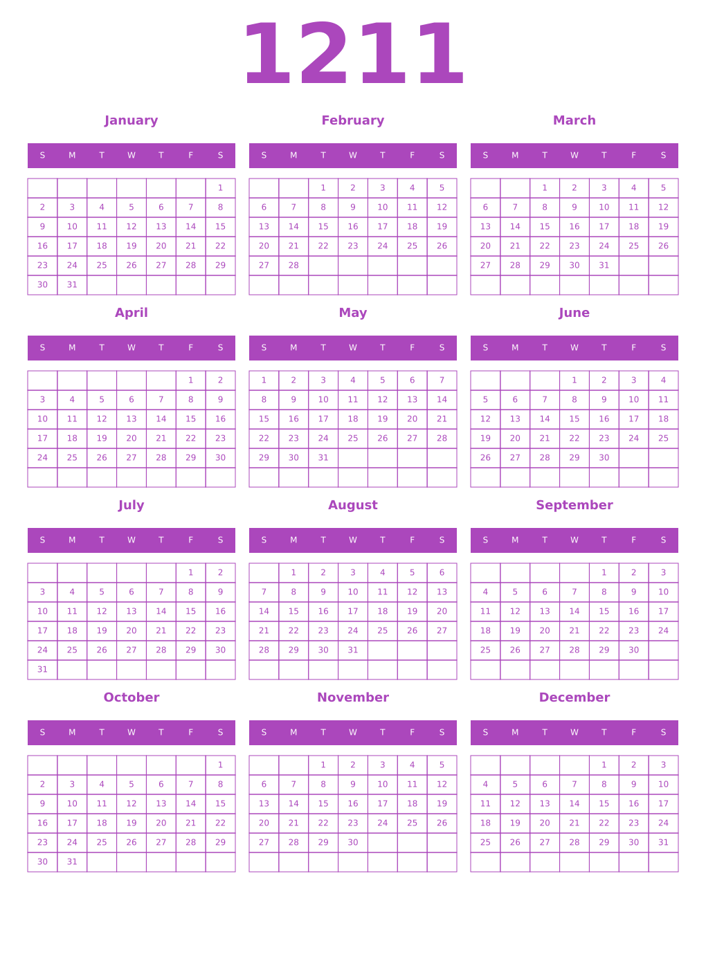 Printable 1211 Year Calendars purple