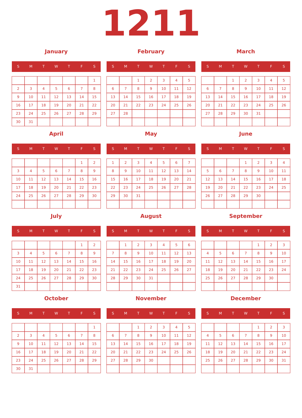 Printable 1211 Year Calendars red