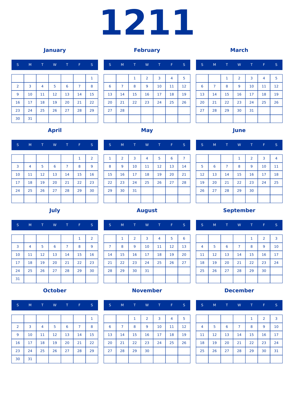 Printable 1211 Year Calendars smalt