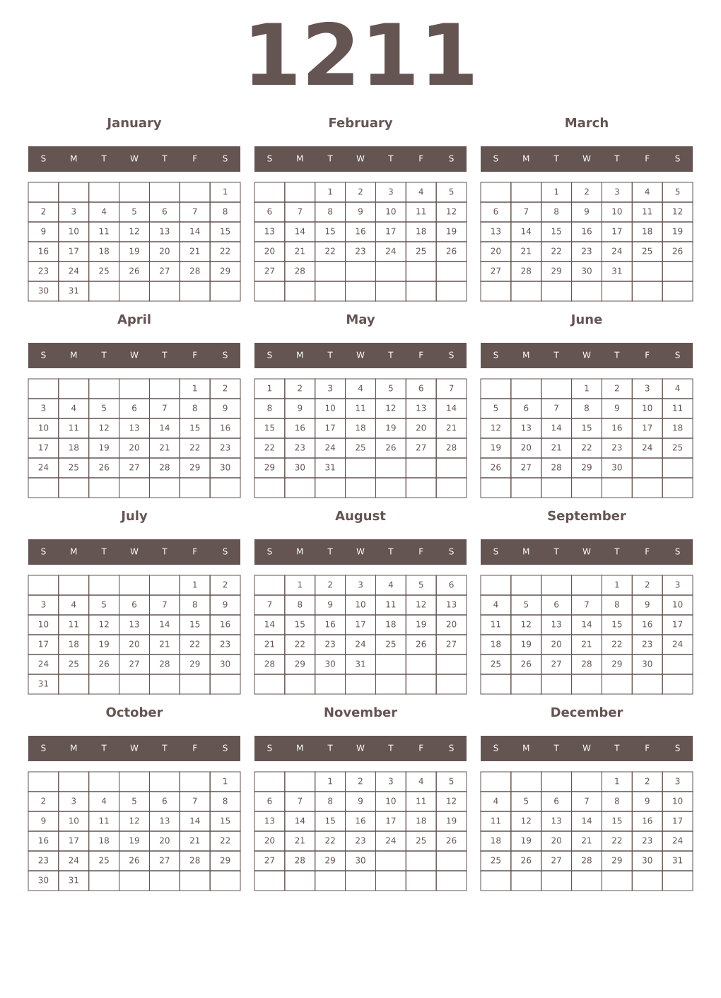 Printable 1211 Year Calendars wenge