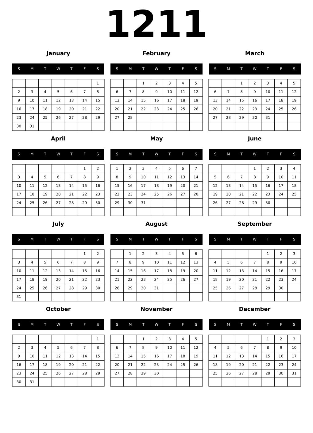 Printable 1211 Calendars