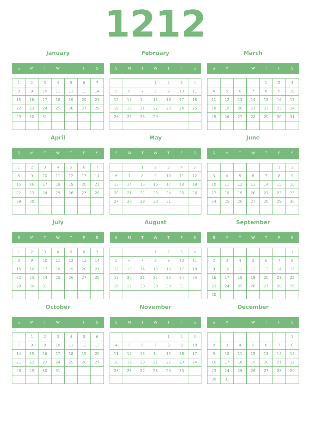 Printable 1212 Year Calendars celadon