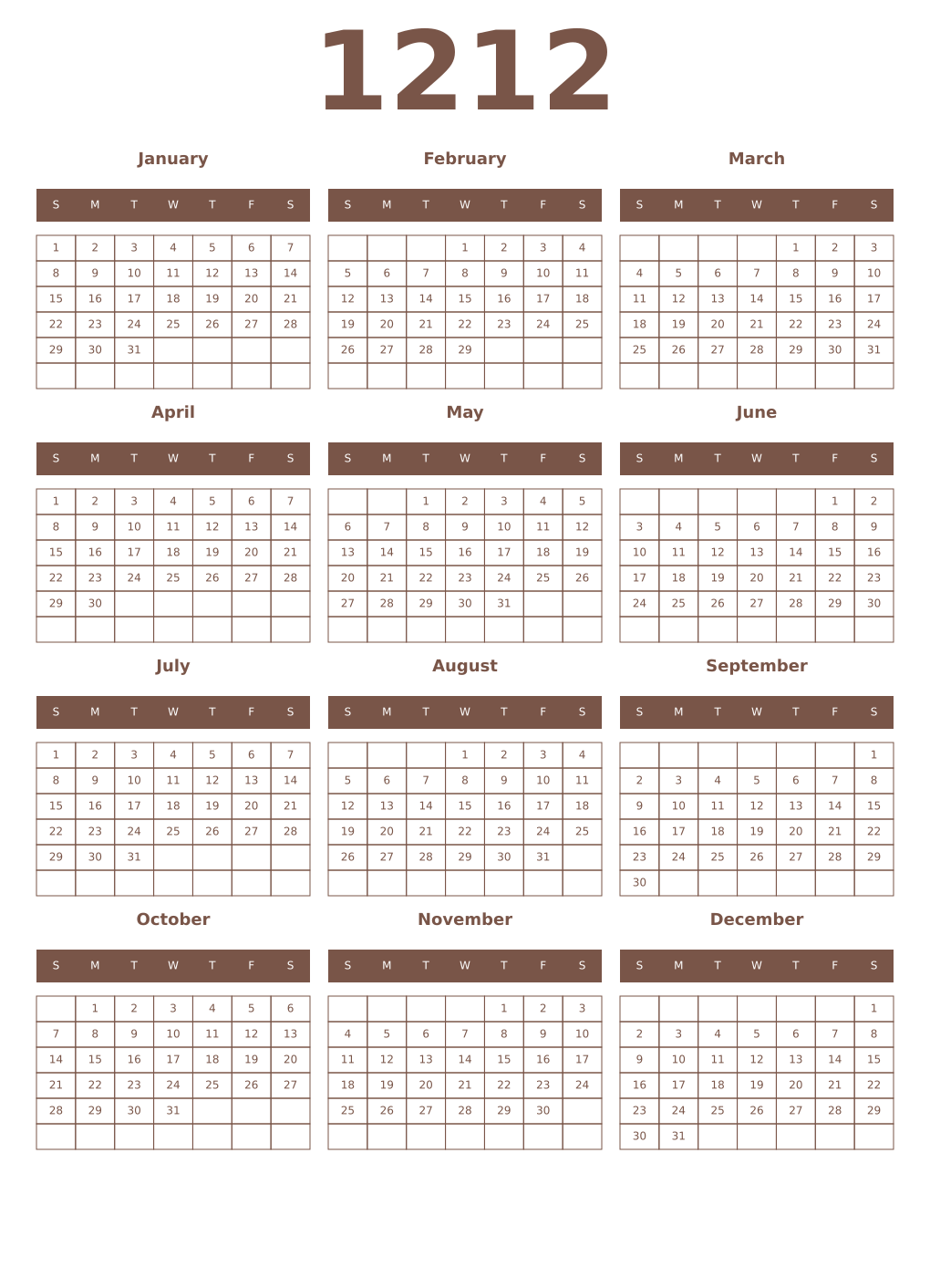 Printable 1212 Year Calendars coffe