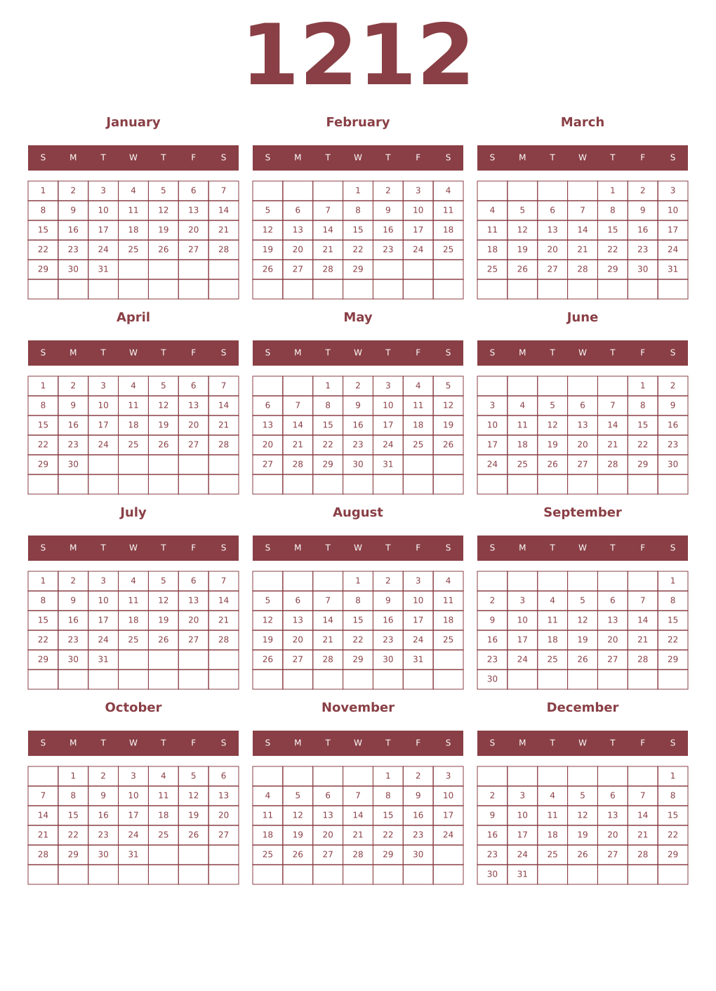 Printable 1212 Year Calendars cordovan