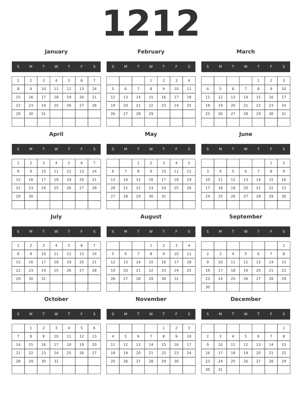 Printable 1212 Year Calendars dark