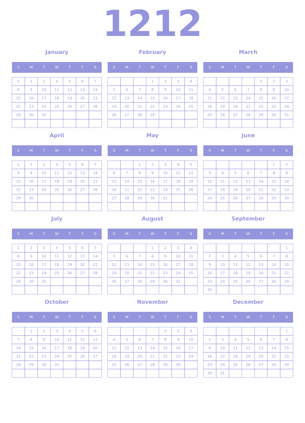 Printable 1212 Year Calendars periwinkle
