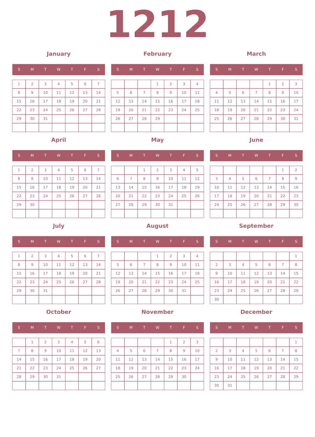 Printable 1212 Year Calendars puce