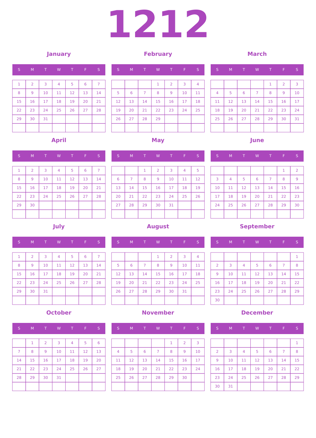 Printable 1212 Year Calendars purple