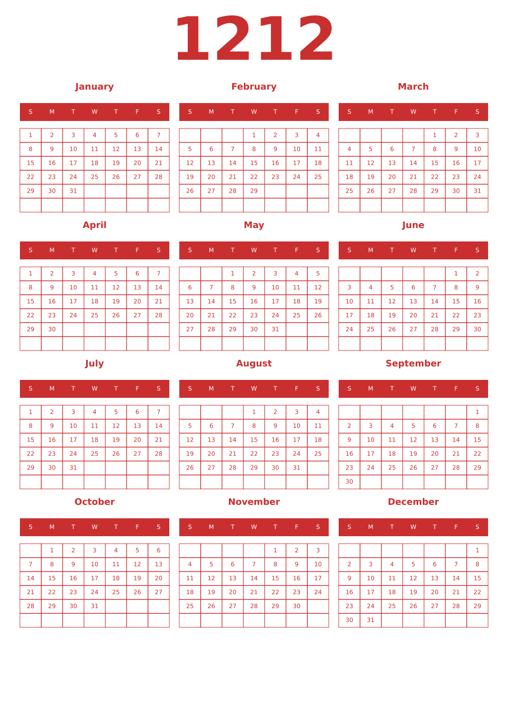 Printable 1212 Year Calendars red