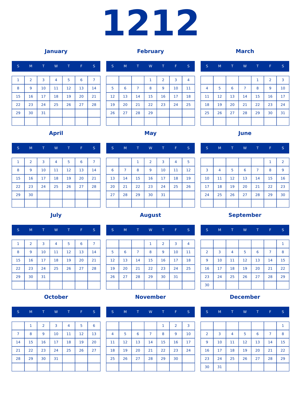 Printable 1212 Year Calendars smalt