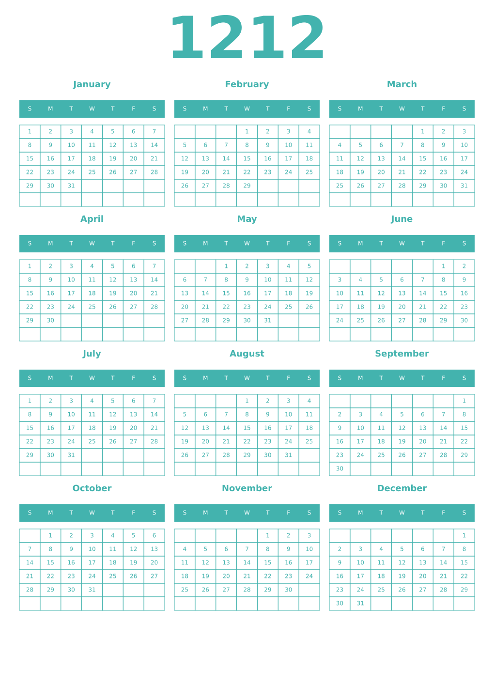 Printable 1212 Year Calendars verdigris