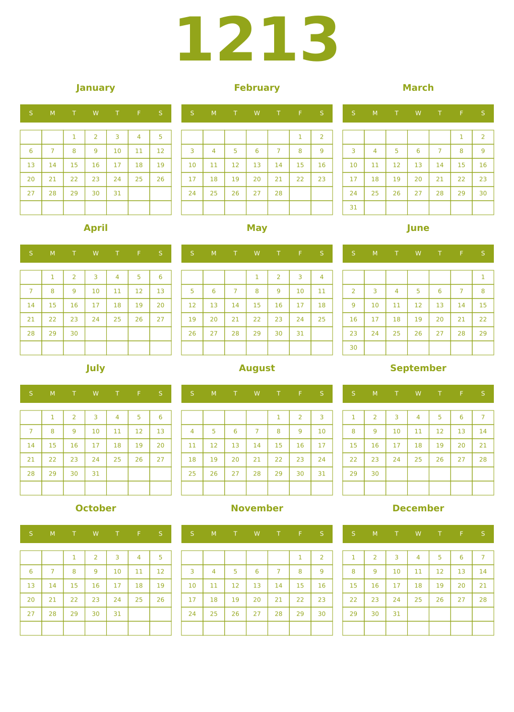 Printable 1213 Year Calendars chartreuse