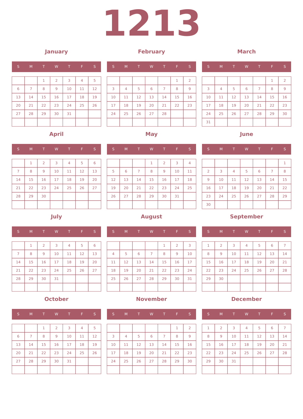 Printable 1213 Year Calendars puce