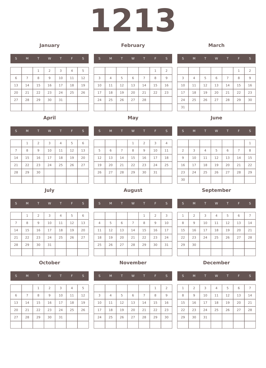 Printable 1213 Year Calendars wenge