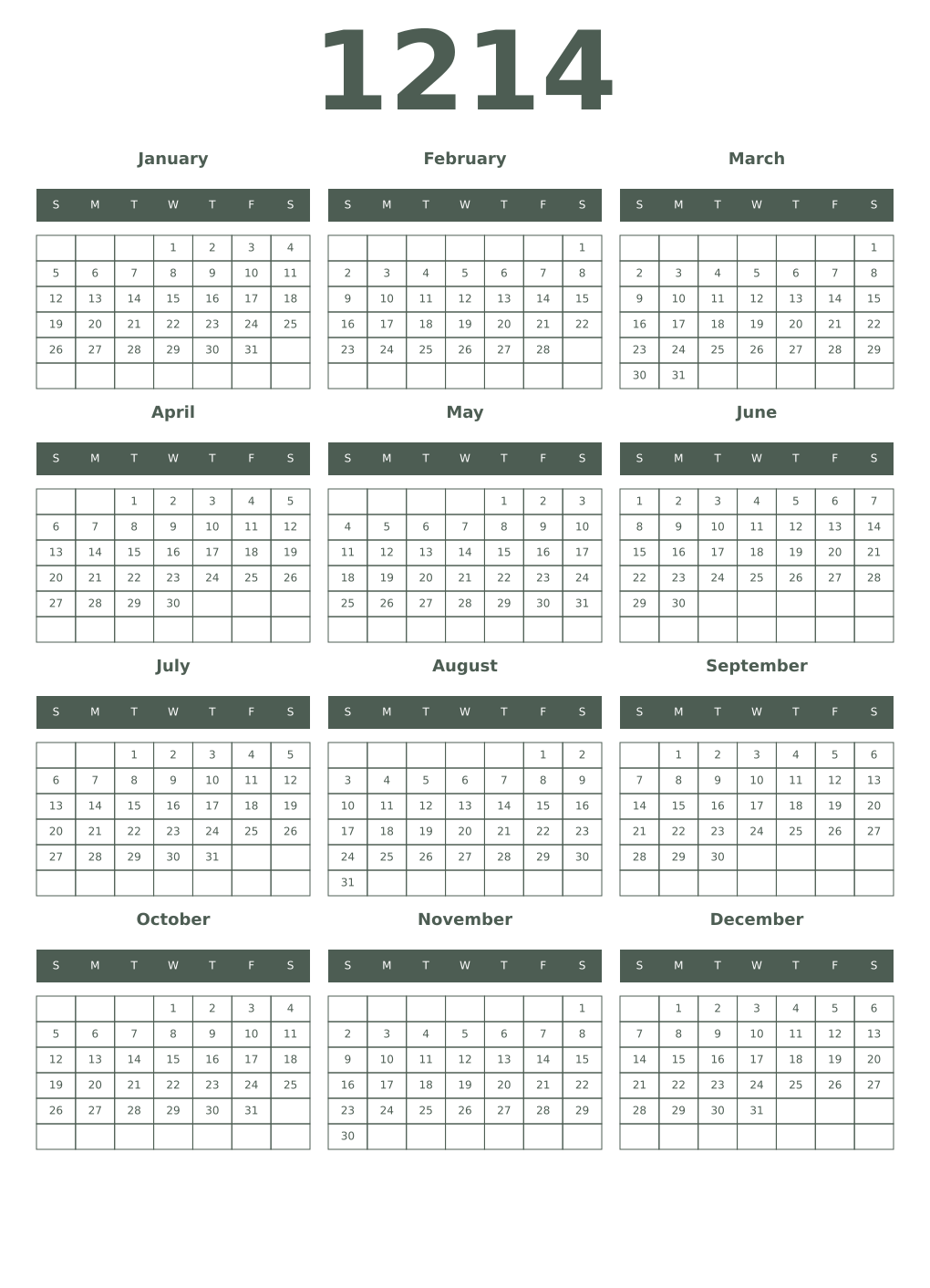Printable 1214 Year Calendars feldgrau