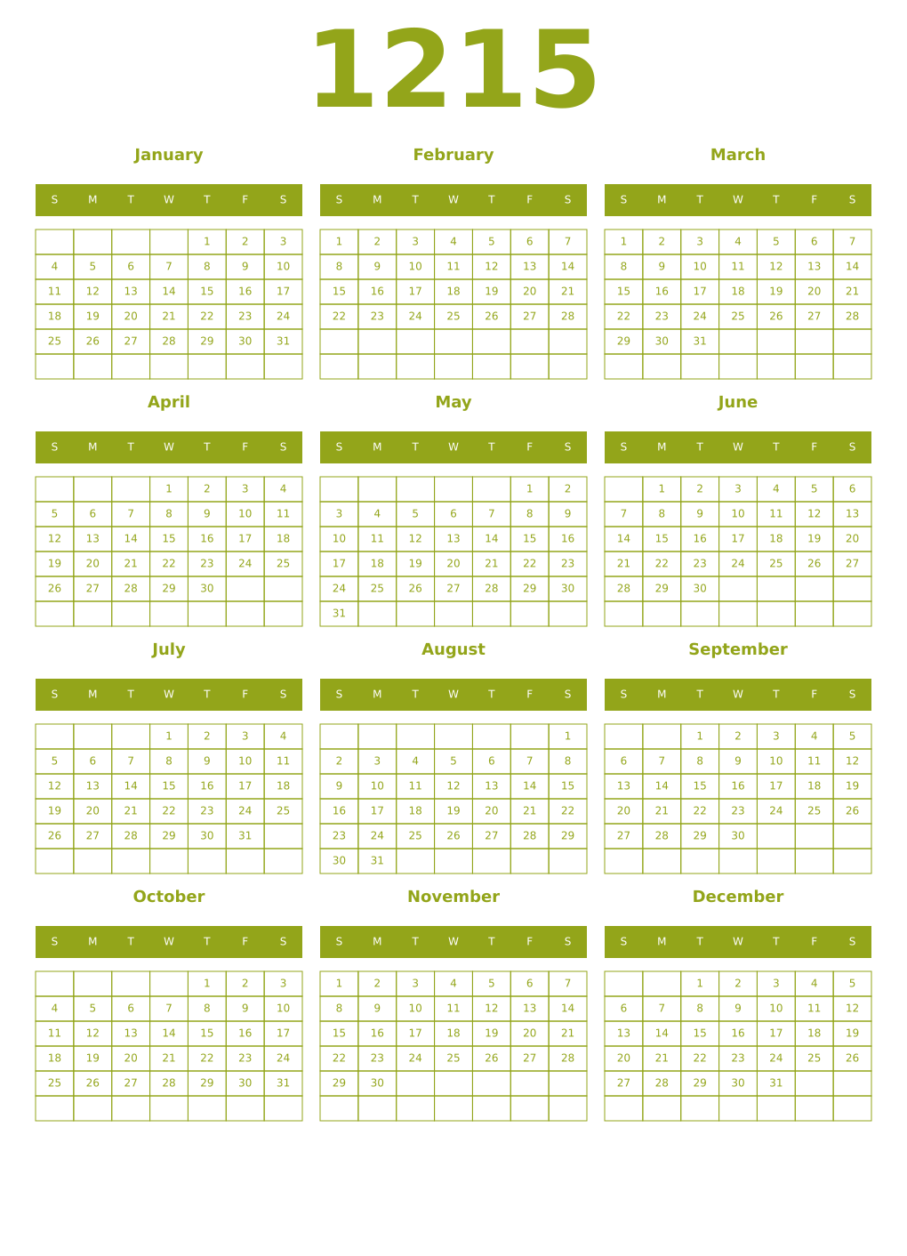Printable 1215 Year Calendars chartreuse