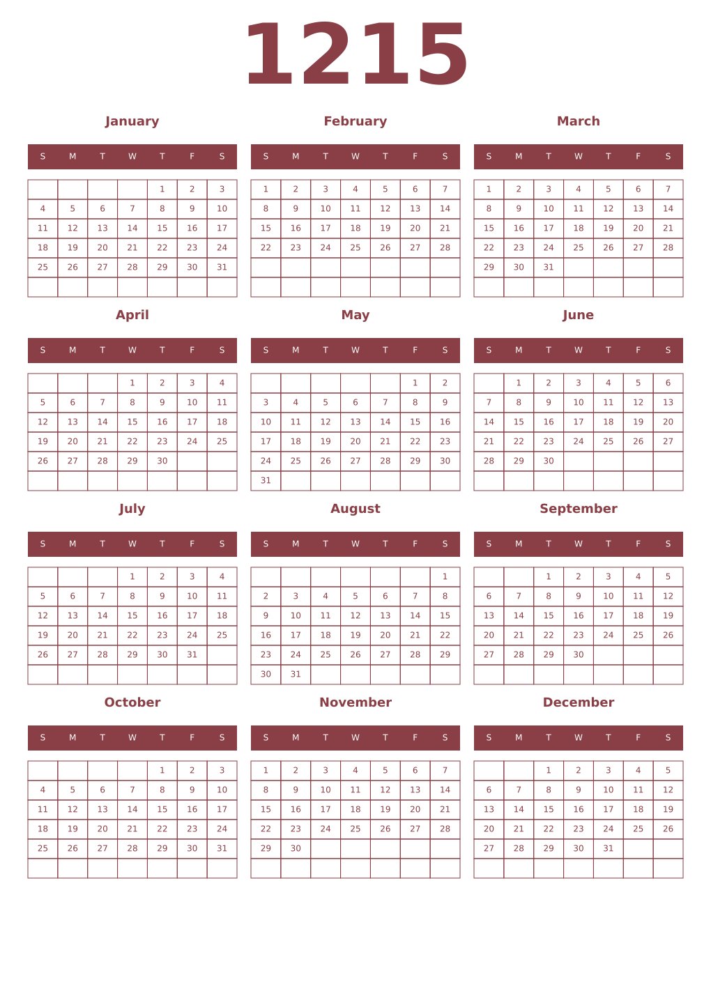 Printable 1215 Year Calendars cordovan