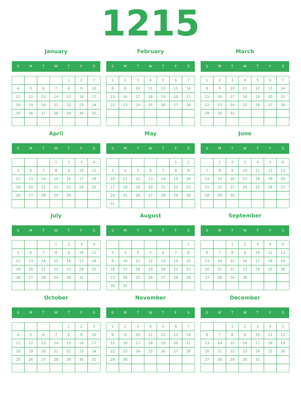 Printable 1215 Year Calendars green