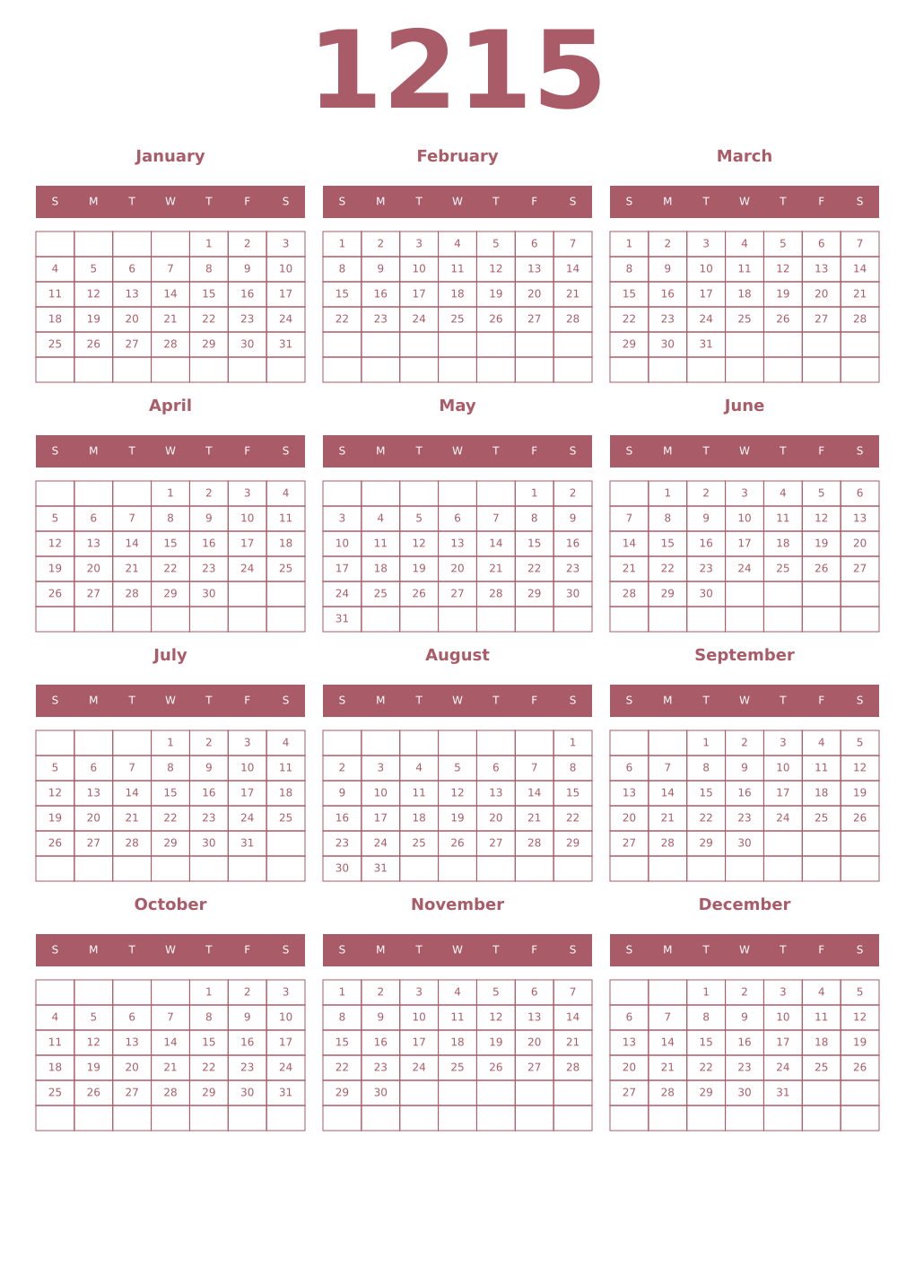 Printable 1215 Year Calendars puce