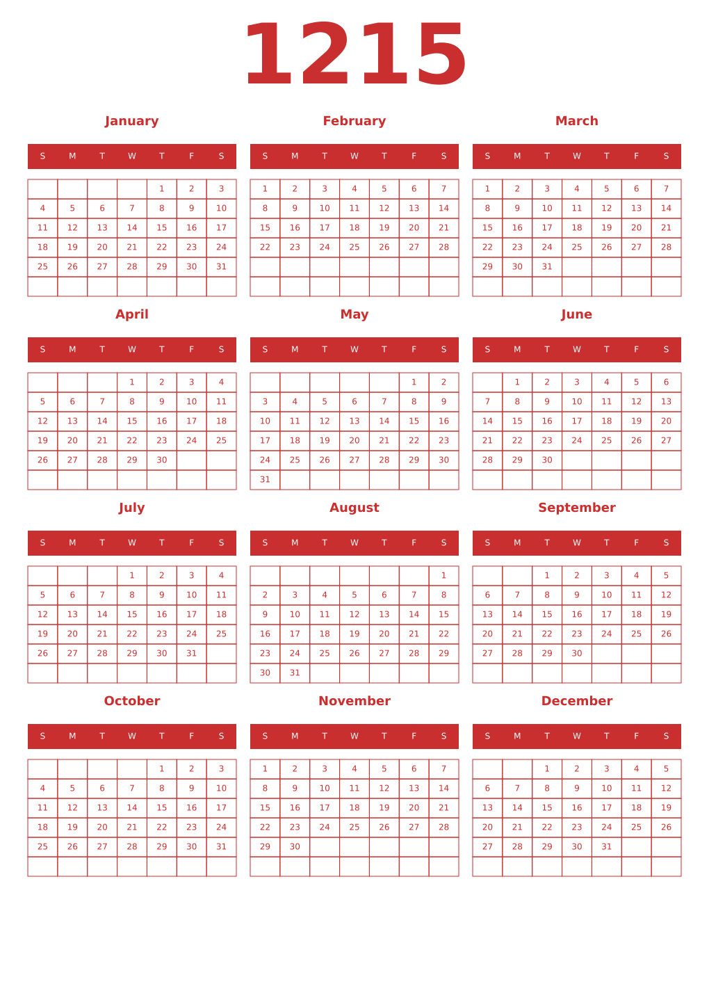 Printable 1215 Year Calendars red