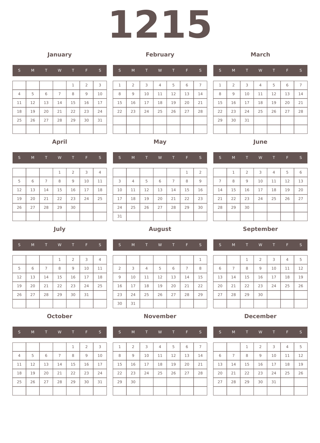 Printable 1215 Year Calendars wenge
