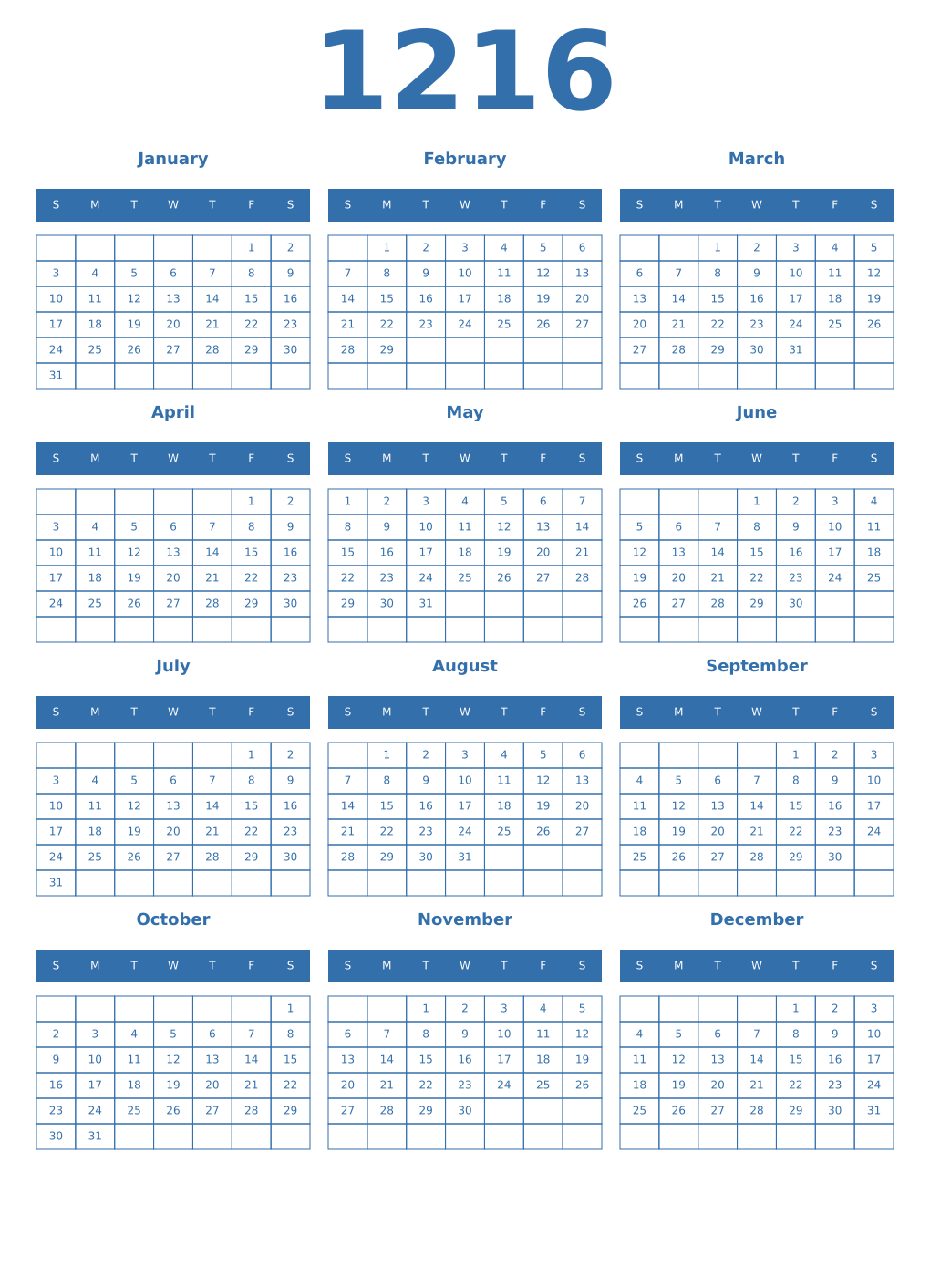 Printable 1216 Year Calendars blue