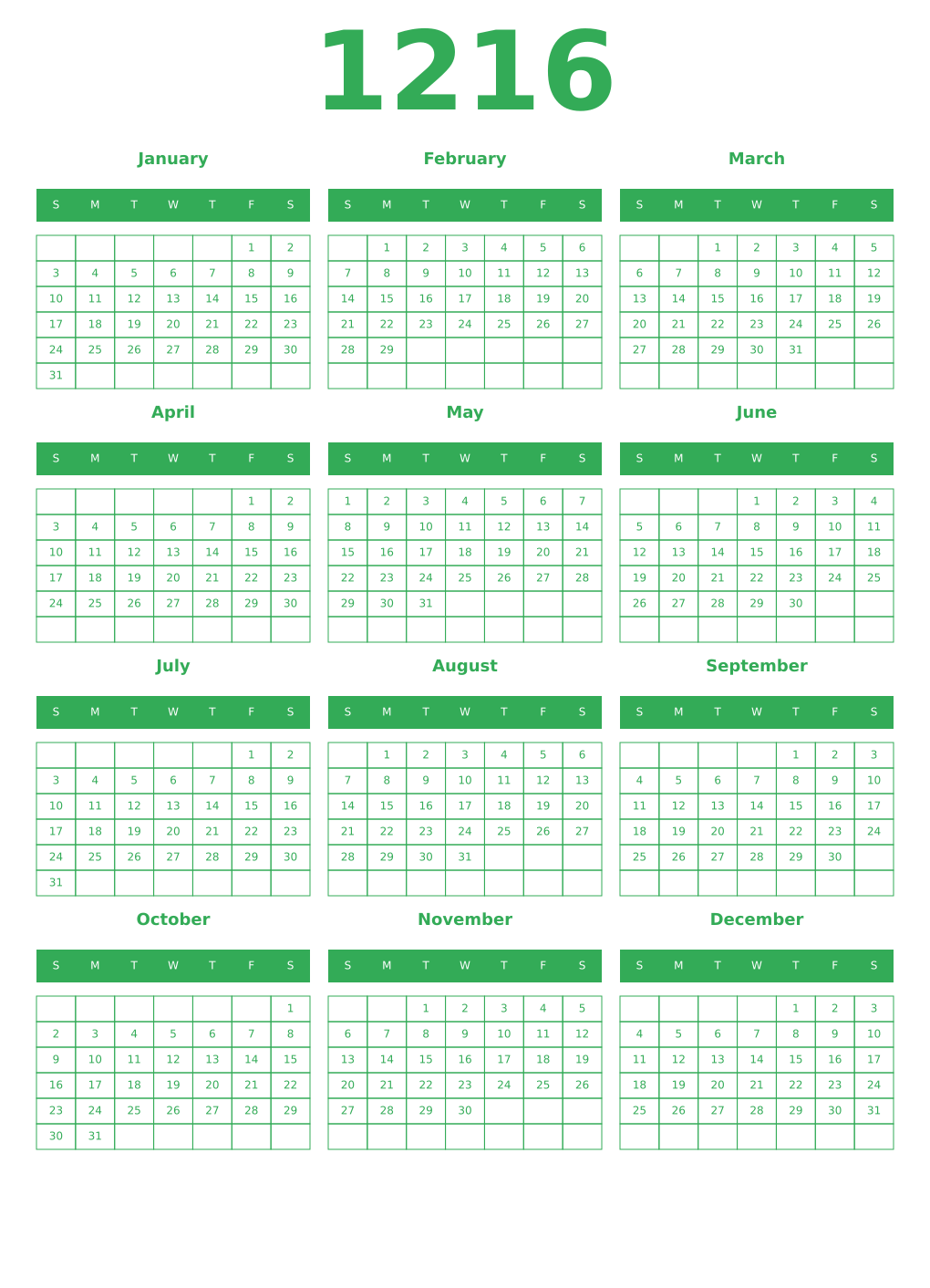 Printable 1216 Year Calendars green