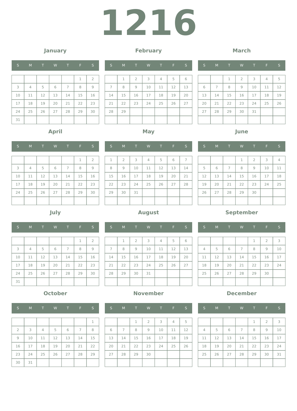 Printable 1216 Year Calendars xanadu