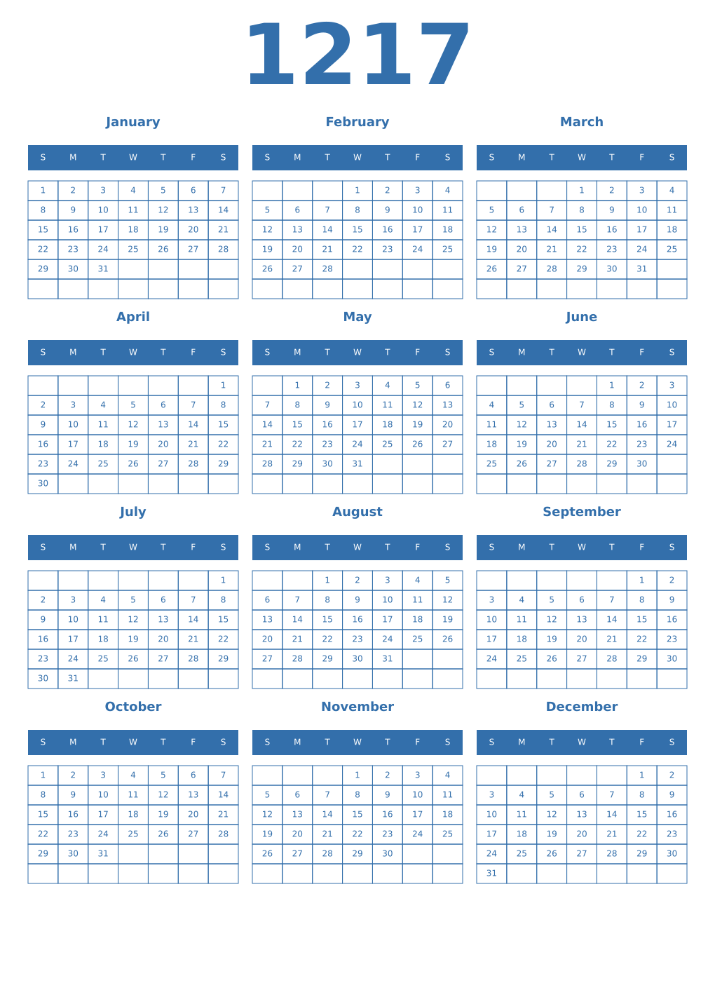 Printable 1217 Year Calendars blue