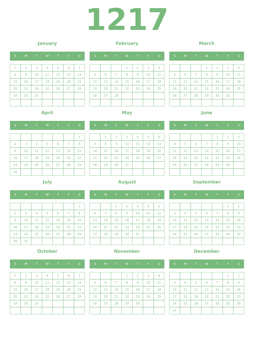 Printable 1217 Year Calendars celadon