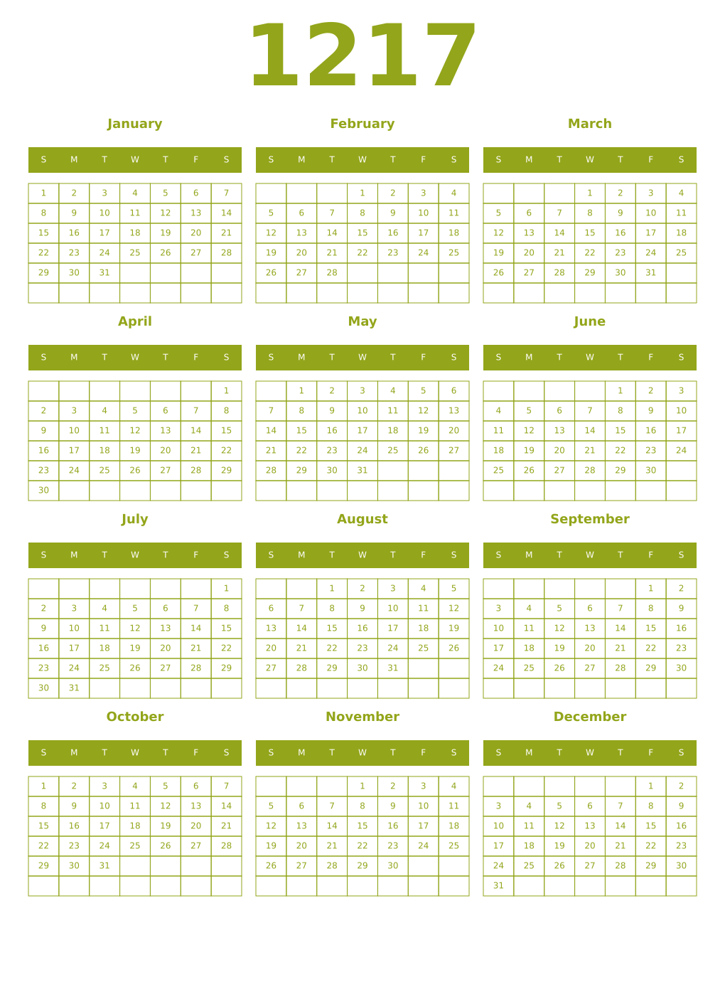 Printable 1217 Year Calendars chartreuse